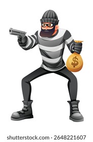 Robo con máscara y ropa a rayas sosteniendo una pistola y una bolsa de dinero. Ilustración de personaje de dibujos animados de Vector