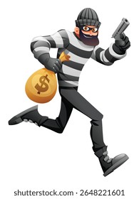 Robo con máscara y ropa a rayas corriendo con una pistola y una bolsa de dinero. Ilustración de personaje de dibujos animados de Vector