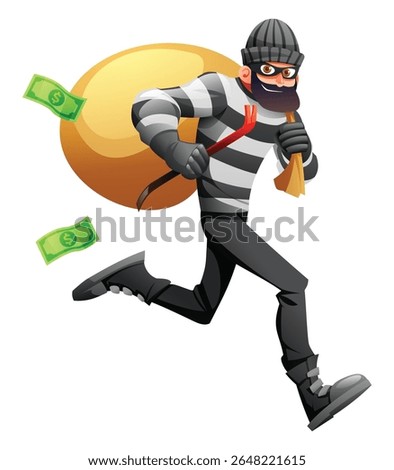 Robber in mask and striped clothes running with a crowbar, sack, and money flying out. Vector cartoon character illustration
