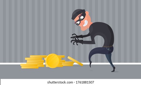 Robber and a mountain of gold coins. A criminal steals gold coins. Robbery and finance security concept. Flat style, Vector.
