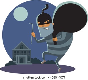 Robber at night with robbery mask holding a sack and  a scrap