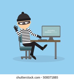 Robber at the office. Bad thief downloading information from computer. Man in the black mask and striped outfit.