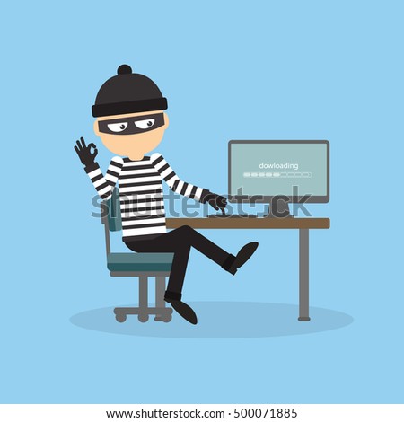 Robber at the office. Bad thief downloading information from computer. Man in the black mask and striped outfit.