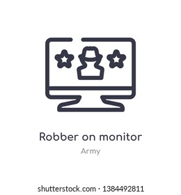 robber on monitor outline icon. isolated line vector illustration from army collection. editable thin stroke robber on monitor icon on white background