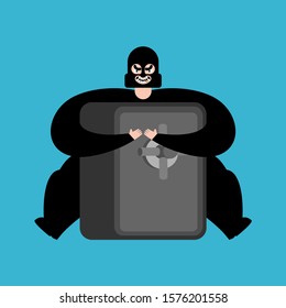 Robber open safe. Thief and money vault. Criminal vector illustration