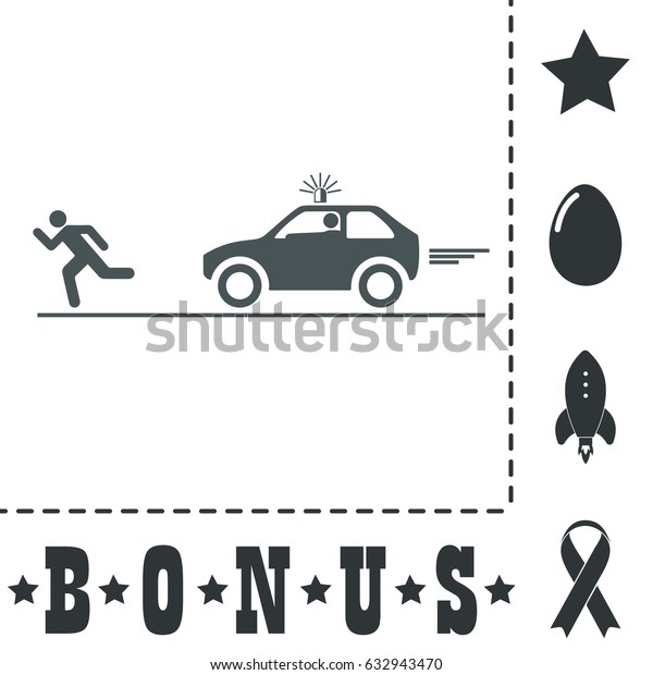 Robber and police\
car. Simple flat symbol icon on white background. Vector\
illustration pictogram and bonus\
icons