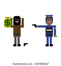 Robber and policeman. Scene of robbery. The arrest of the offender. Pixel art style icons. Stickers design. Vector illustration isolated on white background.