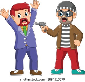 El ladrón le puso la pistola al gerente para robar el dinero de la ilustración