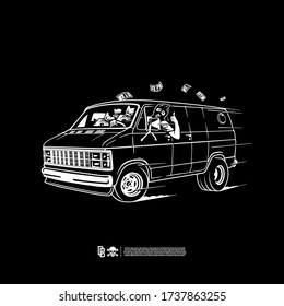 Robber rides in a van. Design for printing on t-shirts, stickers and more. Vector.