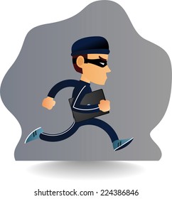 robber is running away with a laptop computer.