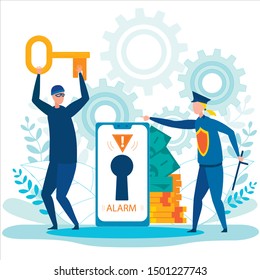 Robber Running Away with Stolen Key. Alarm Lock Sign on Phone Screen. Money Cash, Gold Coins. Policewoman with Club. Hacking Bank Account. Personal Data Internet Security. Vector Illustration
