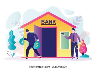 Robber runs out of bank with bags of money. Police officer pointing handgun at criminal. Policeman ready to arrest thief who robbed bank. Security guard, illegal action. Flat vector illustration