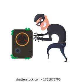 Robber and safe with money. Dollars stick out of the safe. The criminal is planning a robbery. Flat style Isolated. Vector.