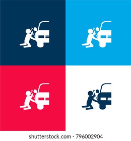 Robber silhouette trying to steal car part four color material and minimal icon logo set in red and blue