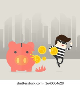 Robber stealing money from saving piggy bank
