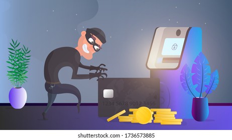 The robber steals a bank card. The thief is trying to steal a bank card. ATM, gold coins. Fraud concept. Vector.
