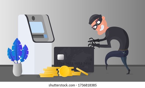 The robber steals a bank card. The thief is trying to steal a bank card. ATM, gold coins. Fraud concept. Vector.