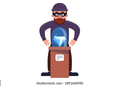a robber steals a diamond from a museum. flat character vector illustration isolated on white background.