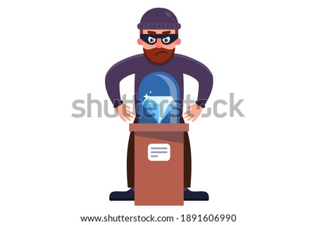 a robber steals a diamond from a museum. flat character vector illustration isolated on white background.