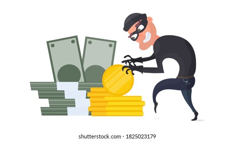 The robber steals money. The criminal steals gold coins. Robbery and finance security concept. Flat style, vector.