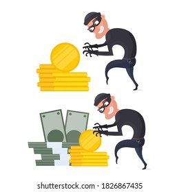 The robber steals money. The criminal steals gold coins. Robbery and finance security concept. Flat style, vector.
