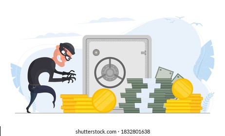 The robber steals money. The criminal steals gold coins. Robbery and finance security concept. Flat style, vector.