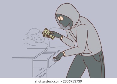 Robber roba dinero del cajón mientras la víctima duerme en la cama, sin saber del autor. Un asaltante enmascarado roba dinero en los apartamentos de las víctimas por la noche sin miedo a ser capturado por la policía.