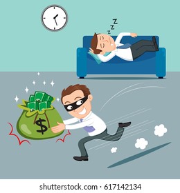 Robber steals a lot of money while businessman owner sleeps, vector illustration cartoon