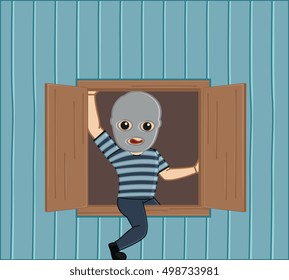 Robber Stepping Out from House Window