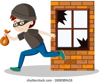 Robber or thief broke the window glass and holding small money bag cartoon isolated illustration