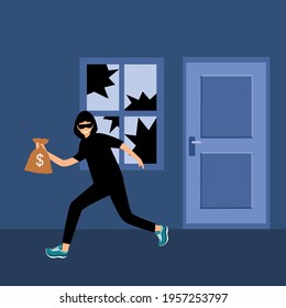 Robber or thief broke the window glass and holding money bag in flat design. Home burglar.