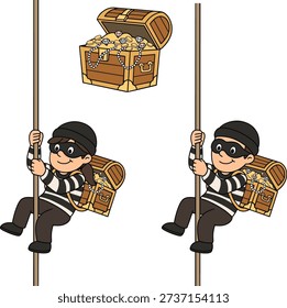 robber thief character illustration riding a rope with treasure trove