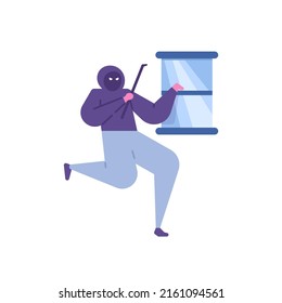 robber or thief. a mysterious person uses a crowbar to open or pry a window. bad people or criminals. flat cartoon illustration. vector concept design
