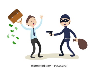 The robber threatens with a gun to businessman. Crime concept. Flat illustration.