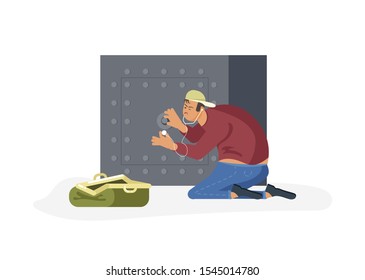 Robber tries to crack a safe using a phonendoscope, next to an open bag for looted money. Flat Art Vector illustration