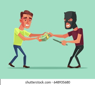 Robber tries to take money from office worker businessman character. Vector flat cartoon illustration
