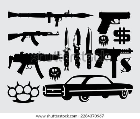 Robber weapons stuff element gangster villain blade, shoot gun vector illustration set bundle editable