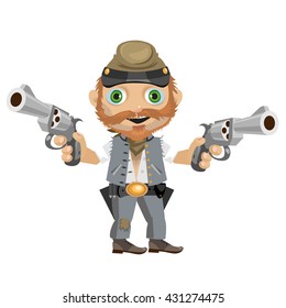 The robber from the wild West armed with two revolvers isolated on white background. Vector cartoon close-up illustration.