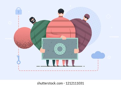 robbers gang with safe box. Group of thief steal money. Security breach. bank account hacking. Fun flat modern style. illustration concept for web landing. 