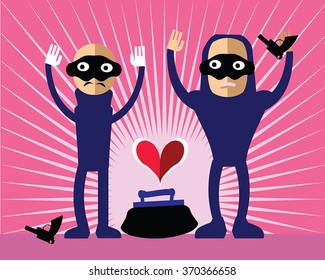 Robbers giving up. Vector illustration of Bad Guys steal heart concept - love, dating, danger, relationship subjects. Romantic thieves in mask on their faces hold hand up. Pink sunburst background.