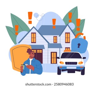 Robbers in house. Woman call to police. Home security and security system, alarm. Police car near private property. Burglars and robbers attack. Flat vector illustration