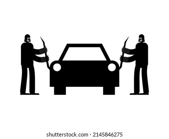 Robbers rob car. Thieves plunder vehicle. sign icon Vector illustration