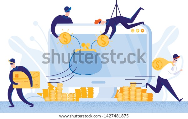 Robbers Steal Money from E-Banking System.
Hackers Steal Money from Bank Cradit Cards. From Poverty to Wealth.
Achive Goal. Vector Illustration. Bank Money System. Robbers in
Mask. Online Wallet.