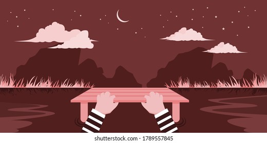 The robbers are swimming ashore to the forest to escape the arrest of the police.
Illustration about climb the bridge.