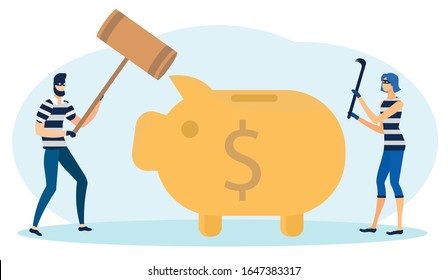 Robbers Trying to Break Piggy Bank with Big Hammer and Сrowbar Flat Cartoon Vector Illustration. Woman and Man Burglars Stealing Money. Robbing Savings. People in Masks.