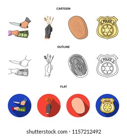 Robbery attack, fingerprint, police officer badge, pickpockets.Crime set collection icons in cartoon,outline,flat style vector symbol stock illustration web.