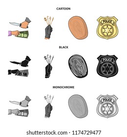 Robbery attack, fingerprint, police officer's badge, pickpockets.Crime set collection icons in cartoon,black,monochrome style vector symbol stock illustration web.