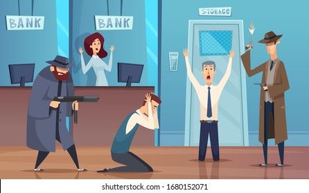 Robbery Bank. Masked Bandit Gangster Robbery Money Cash Bad Security Service Vector Cartoon Background