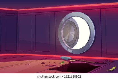 Robbery from bank vault safe. Vector cartoon illustration of empty room with open door, some money and dug hole. Concept of steal, finance crime, loose money or bankruptcy