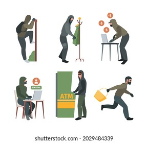 Robbery characters. Burglaries apartment and computers thieves garish vector stylized bad robbery peoples